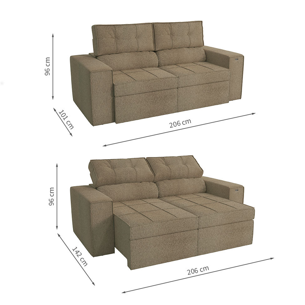 Sofá 2 Lugares Retrátil e Reclinável Lanus Bouclé Fendi 206 cm