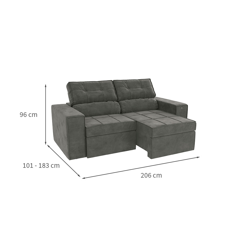 Sofá 3 Lugares Retrátil e Reclinável Lanus Veludo Chumbo 206 cm