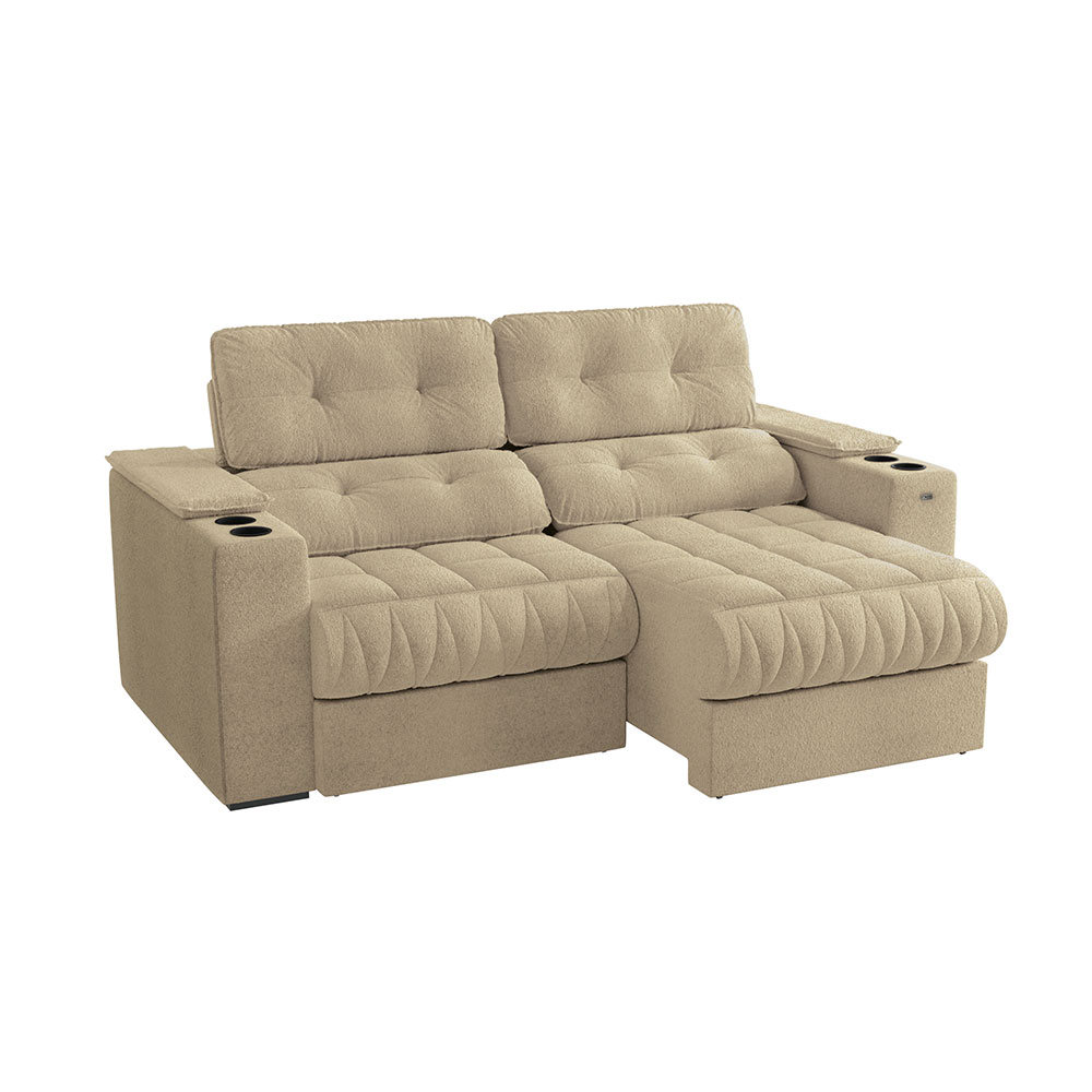 Sofá 3 Lugares Retrátil e Reclinável Premier Molas Bouclé Bege 231 cm