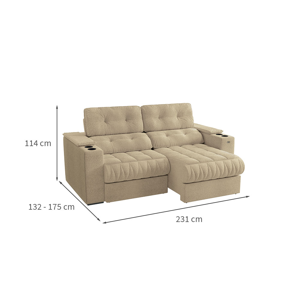 Sofá 3 Lugares Retrátil e Reclinável Premier Molas Bouclé Bege 231 cm