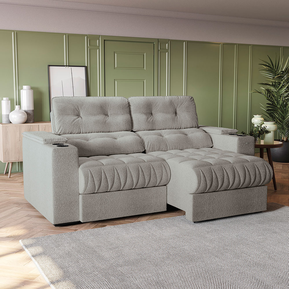 Sofá 3 Lugares Retrátil e Reclinável Premier Molas Bouclé Cinza 231 cm