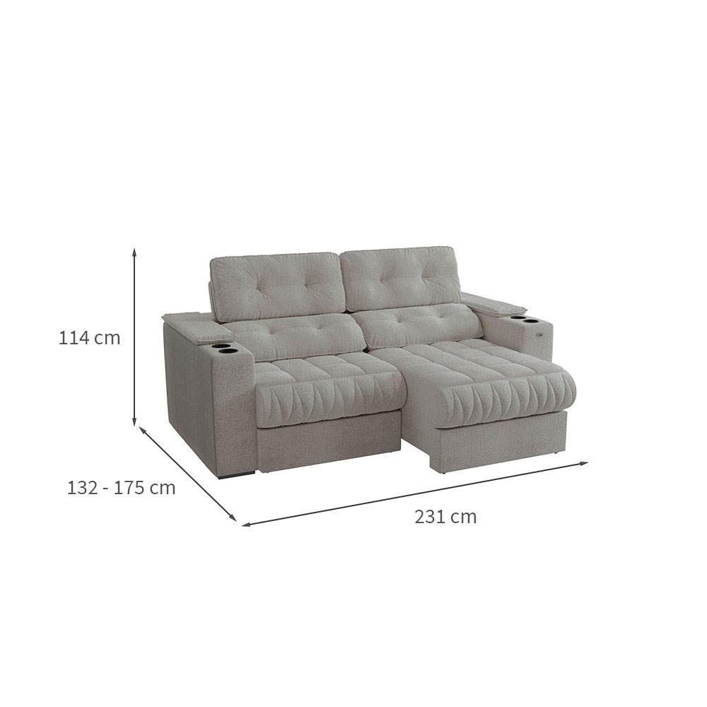 Sofá 3 Lugares Retrátil e Reclinável Premier Molas Bouclé Cinza 231 cm