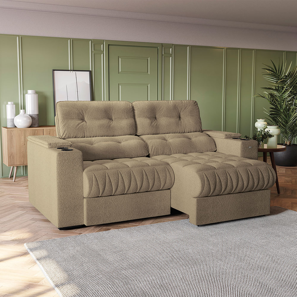 Sofá 3 Lugares Retrátil e Reclinável Premier Molas Bouclé Fendi 231 cm
