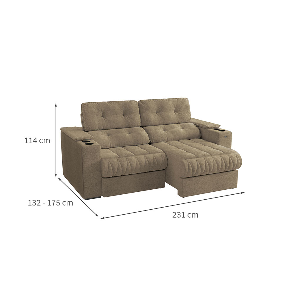 Sofá 3 Lugares Retrátil e Reclinável Premier Molas Bouclé Fendi 231 cm