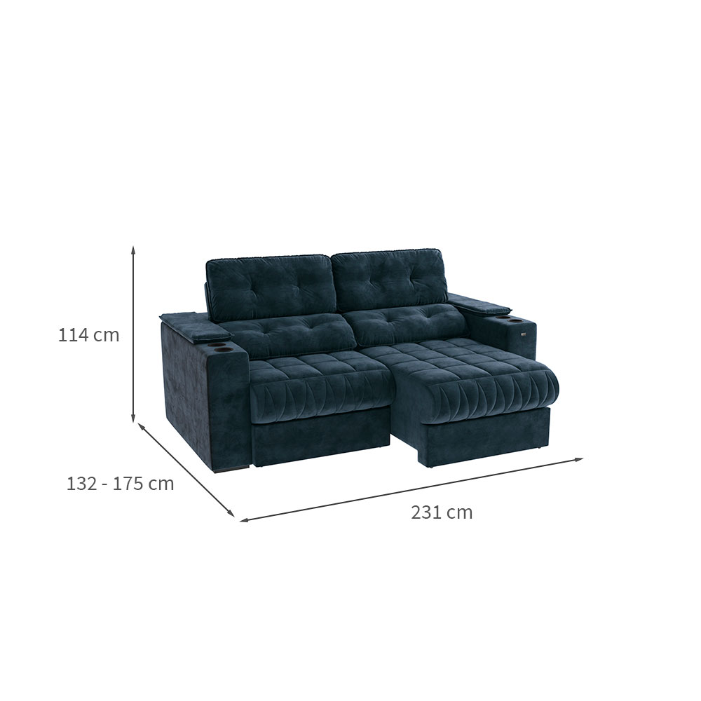 Sofá 3 Lugares Retrátil e Reclinável Premier Molas Veludo Azul Marinho 231 cm
