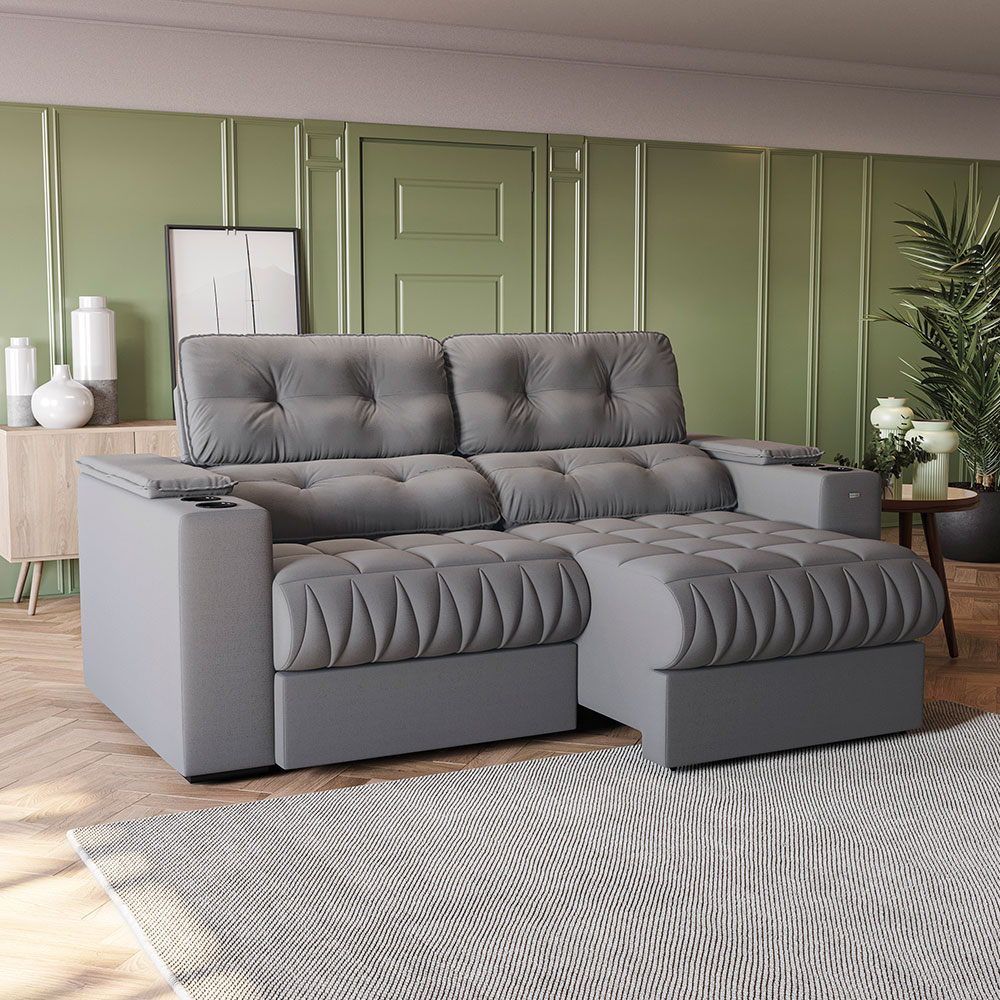 Sofá 3 Lugares Retrátil e Reclinável Premier Molas Veludo Cinza 231 cm