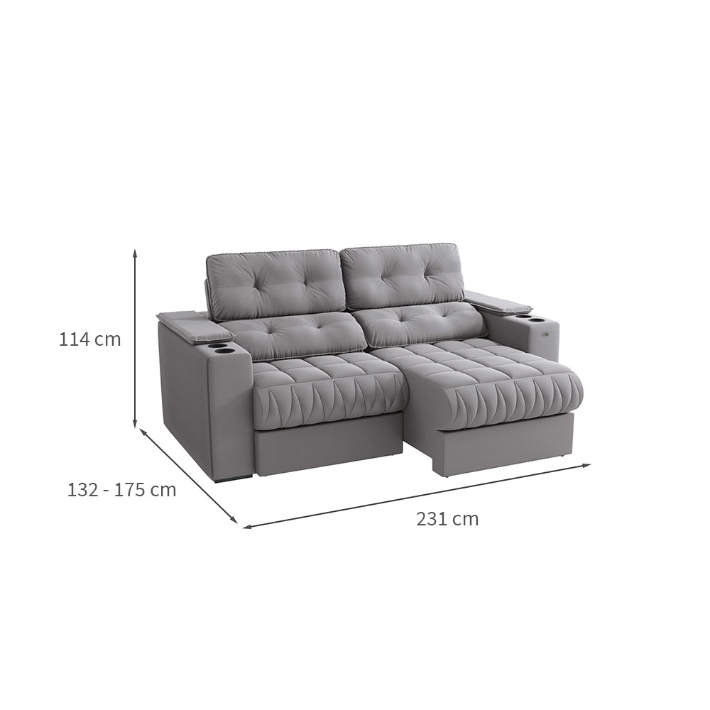Sofá 3 Lugares Retrátil e Reclinável Premier Molas Veludo Cinza 231 cm