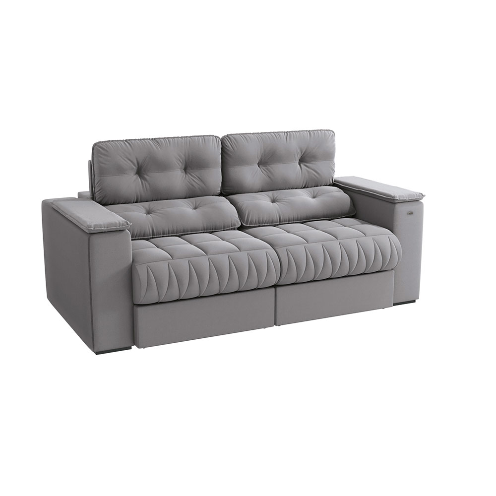 Sofá 3 Lugares Retrátil e Reclinável Premier Molas Veludo Cinza 231 cm