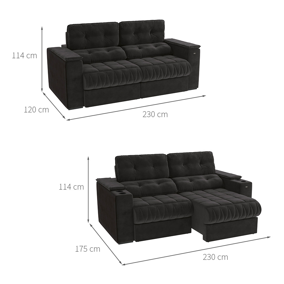 Sofá 3 Lugares Retrátil e Reclinável Premier Veludo Preto