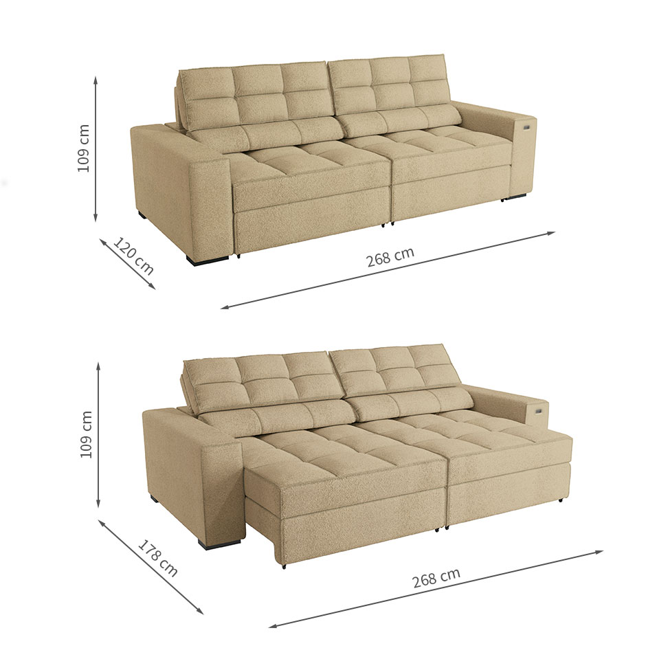Sofá 4 Lugares Retrátil e Reclinável Deluxe Bouclé Bege