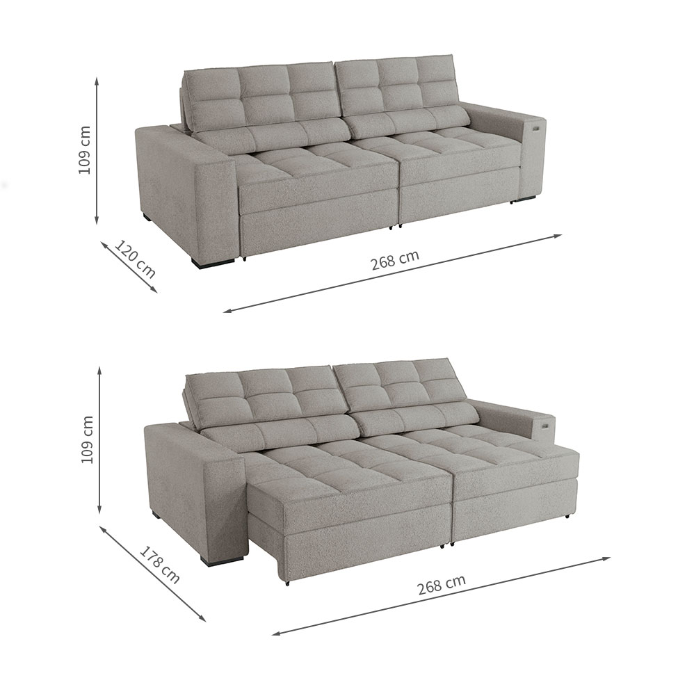 Sofá 4 Lugares Retrátil e Reclinável Deluxe Bouclé Cinza