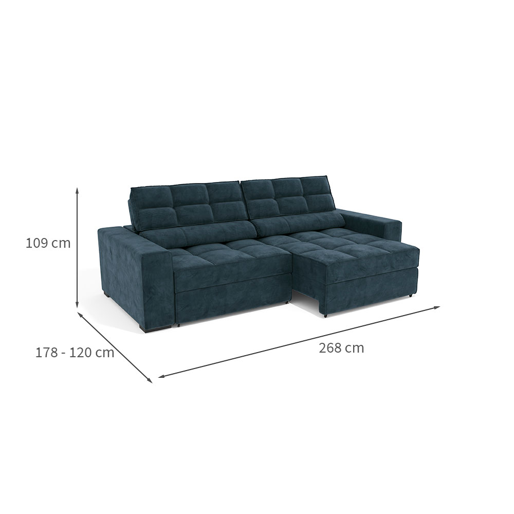Sofá 4 Lugares Retrátil e Reclinável Deluxe Molas Veludo Azul Marinho 268 cm