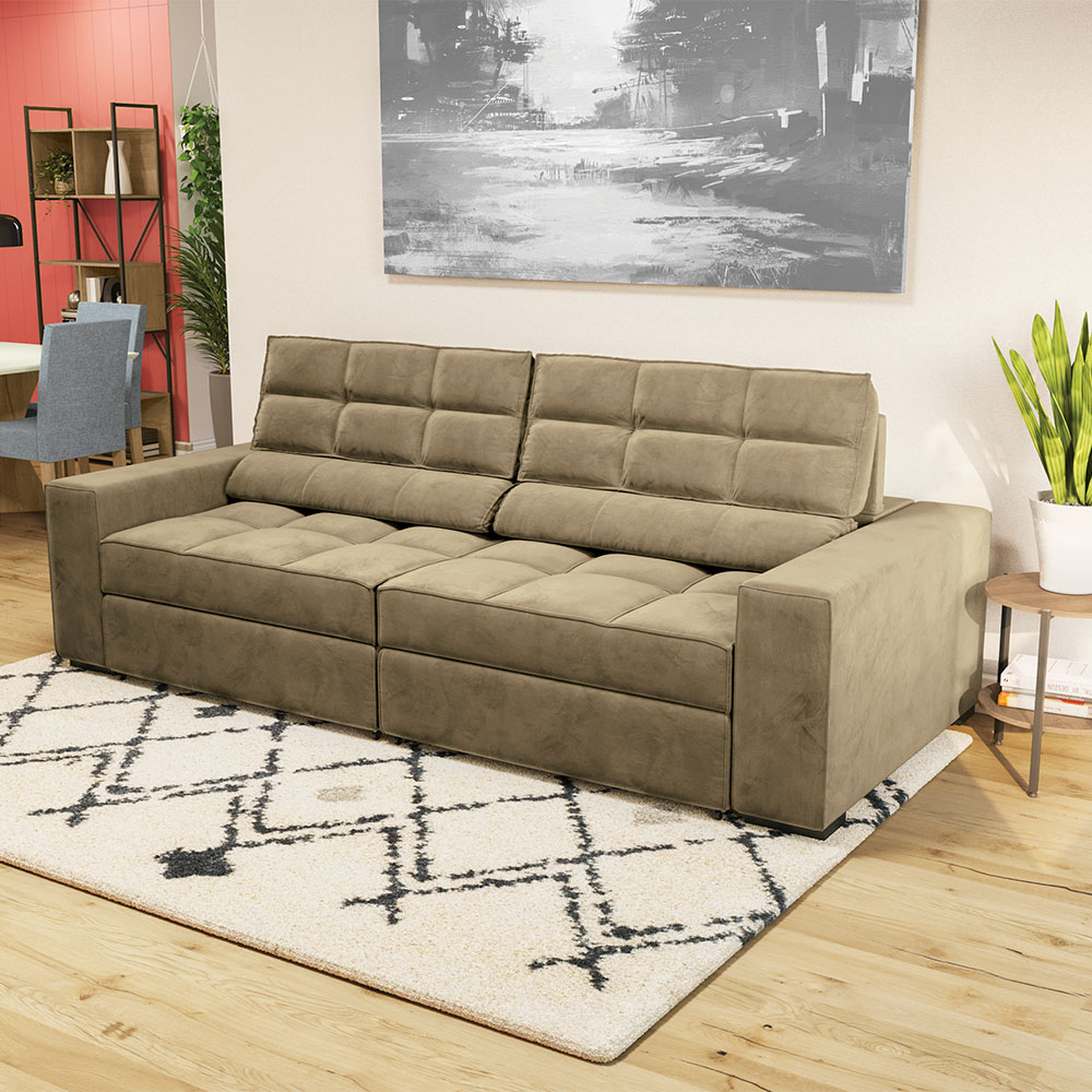Sofá 4 Lugares Retrátil e Reclinável Deluxe Molas Veludo Bege 268 cm