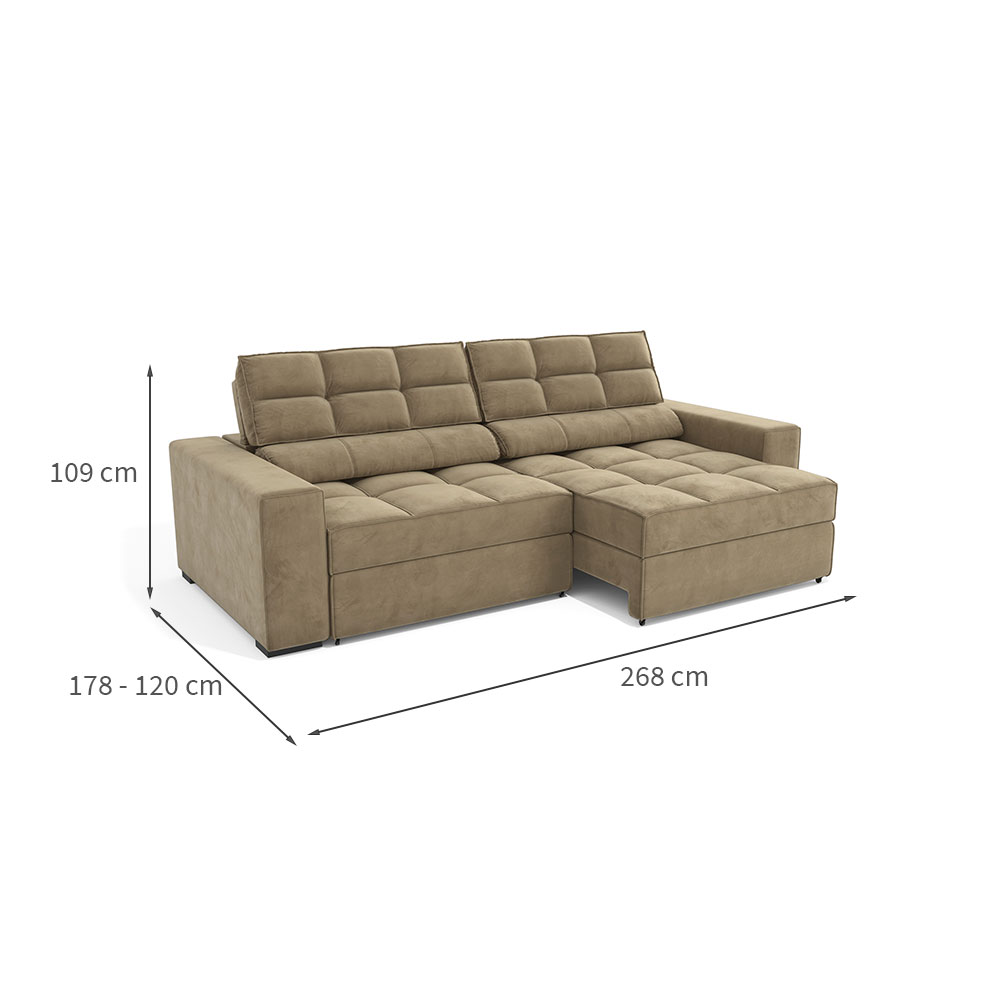 Sofá 4 Lugares Retrátil e Reclinável Deluxe Molas Veludo Bege 268 cm