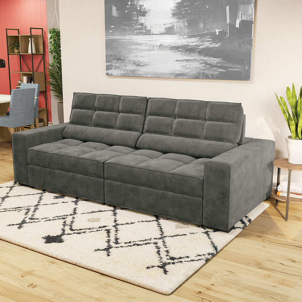 Sofá 4 Lugares Retrátil e Reclinável Deluxe Molas Veludo Chumbo 268 cm