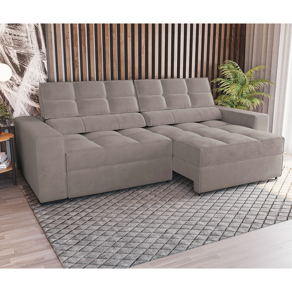 Sofá 4 Lugares Retrátil e Reclinável Deluxe Molas Veludo Cinza Claro 268 cm