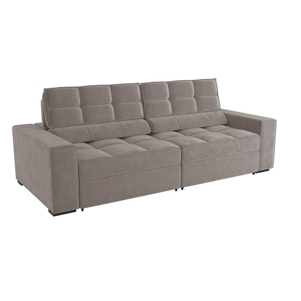 Sofá 4 Lugares Retrátil e Reclinável Deluxe Molas Veludo Cinza Claro 268 cm