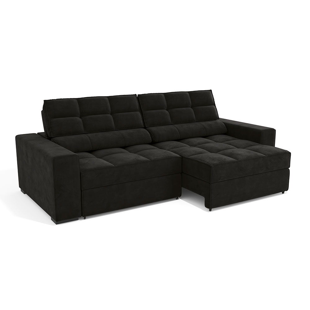 Sofá 4 Lugares Retrátil e Reclinável Deluxe Molas Veludo Preto 268 cm