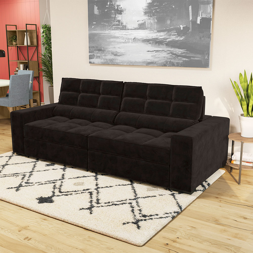 Sofá 4 Lugares Retrátil e Reclinável Deluxe Molas Veludo Preto 268 cm