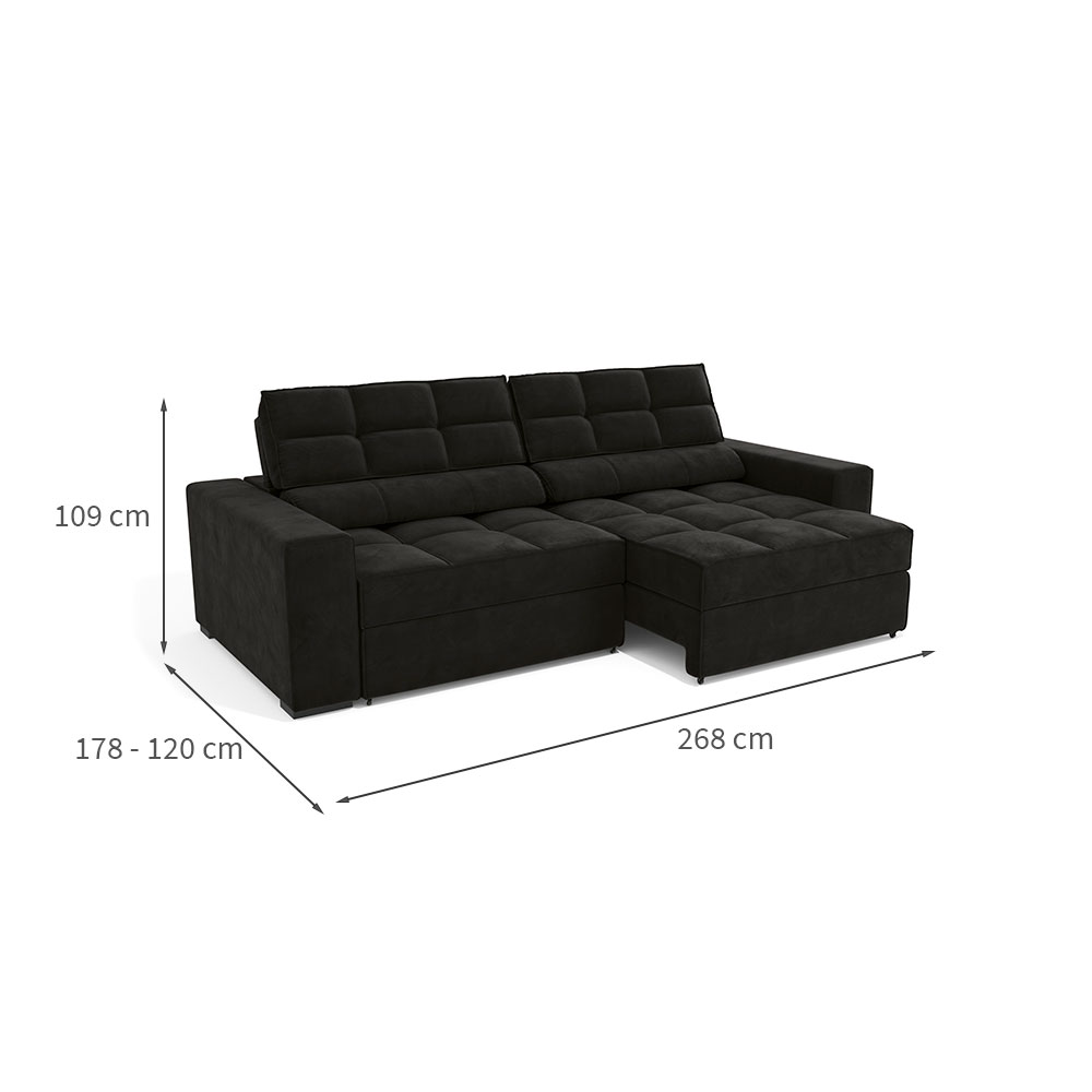 Sofá 4 Lugares Retrátil e Reclinável Deluxe Molas Veludo Preto 268 cm