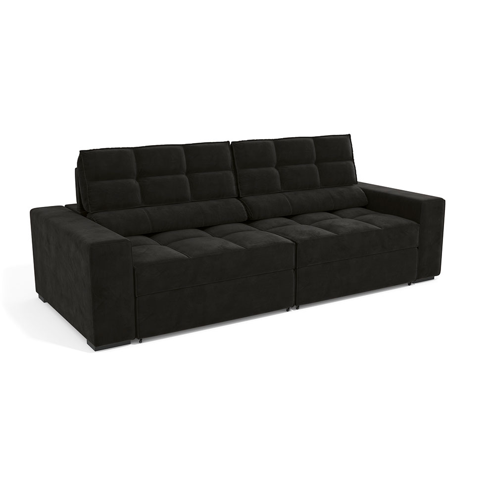 Sofá 4 Lugares Retrátil e Reclinável Deluxe Molas Veludo Preto 268 cm