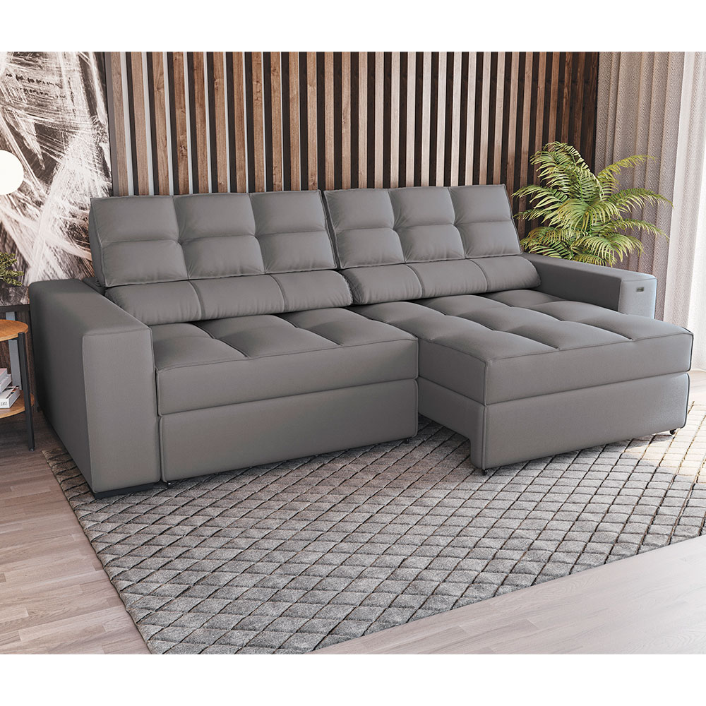 Sofá 4 Lugares Retrátil e Reclinável Deluxe Molas Veludo Titânio 268 cm