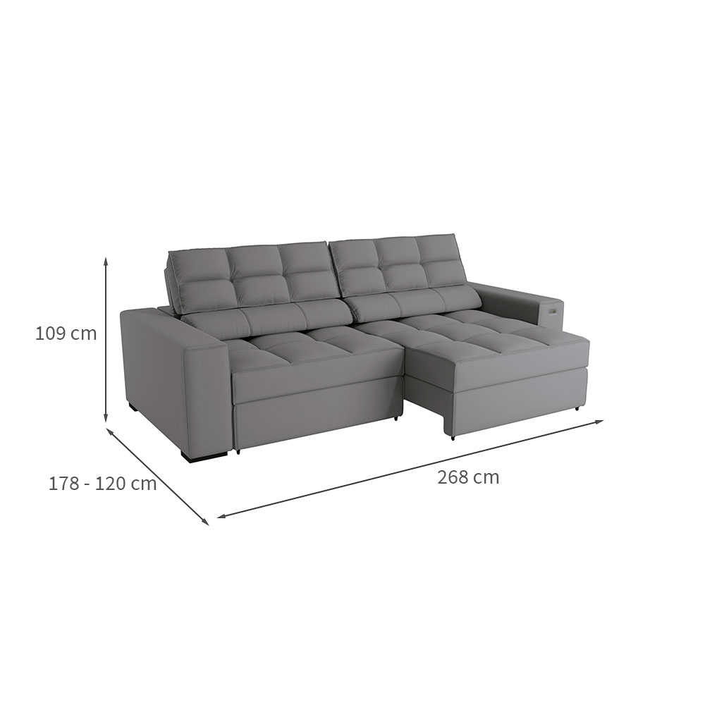 Sofá 4 Lugares Retrátil e Reclinável Deluxe Molas Veludo Titânio 268 cm