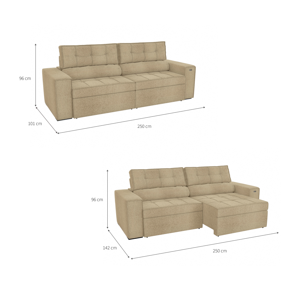 Sofá 4 Lugares Retrátil e Reclinável Lanus Bouclé Bege 250 cm