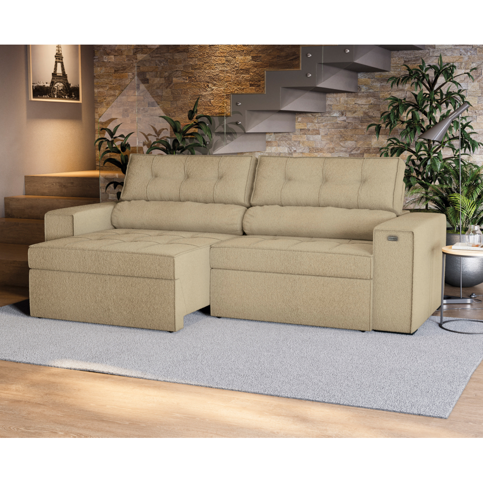 Sofá 4 Lugares Retrátil e Reclinável Lanus Bouclé Bege 250 cm