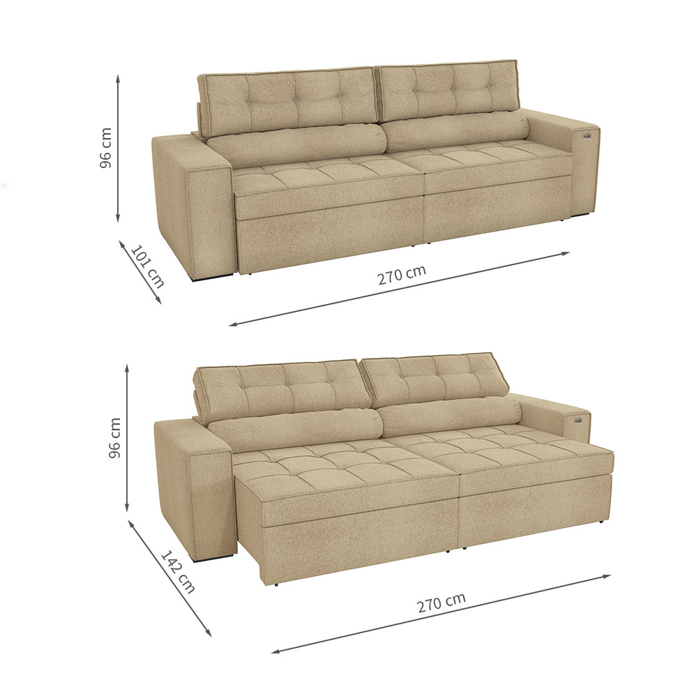 Sofá 4 Lugares Retrátil e Reclinável Lanus Bouclé Bege 270 cm