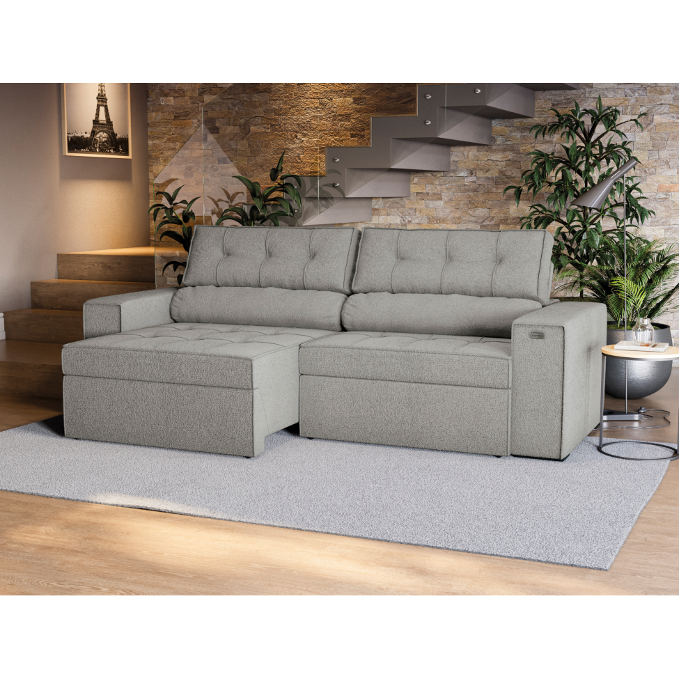 Sofá 4 Lugares Retrátil e Reclinável Lanus Bouclé Cinza 250 cm