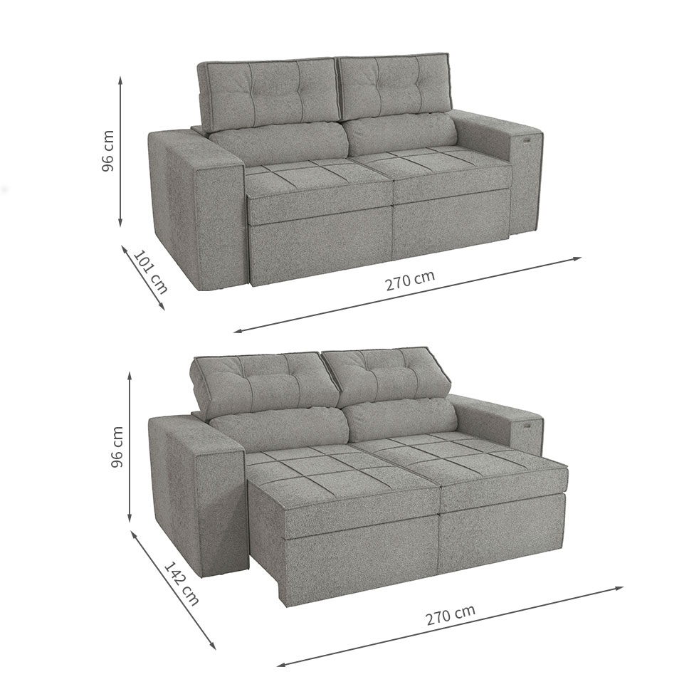 Sofá 4 Lugares Retrátil e Reclinável Lanus Bouclé Cinza 270 cm
