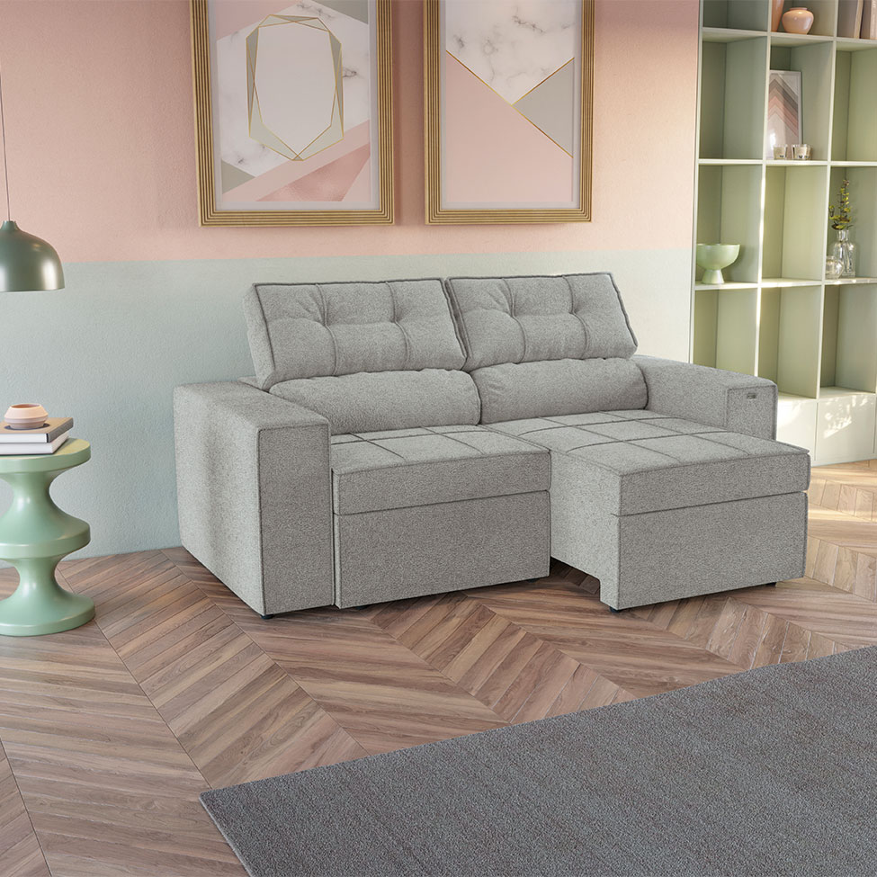 Sofá 4 Lugares Retrátil e Reclinável Lanus Bouclé Cinza 270 cm