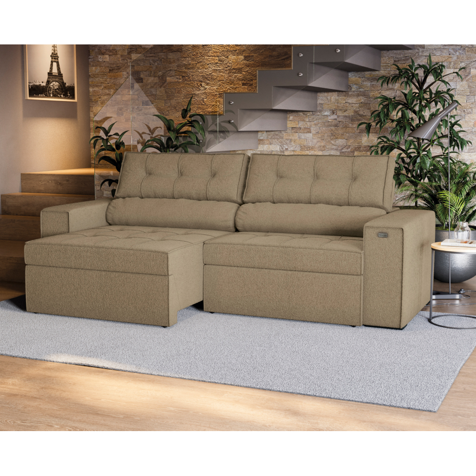 Sofá 4 Lugares Retrátil e Reclinável Lanus Bouclé Fendi 250 cm
