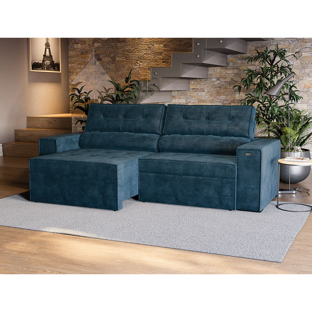 Sofá 4 Lugares Retrátil e Reclinável Lanus Veludo Azul Marinho 250 cm