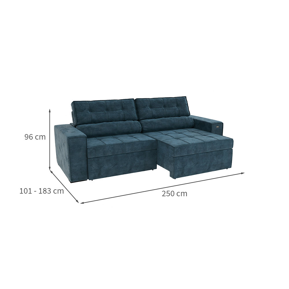Sofá 4 Lugares Retrátil e Reclinável Lanus Veludo Azul Marinho 250 cm