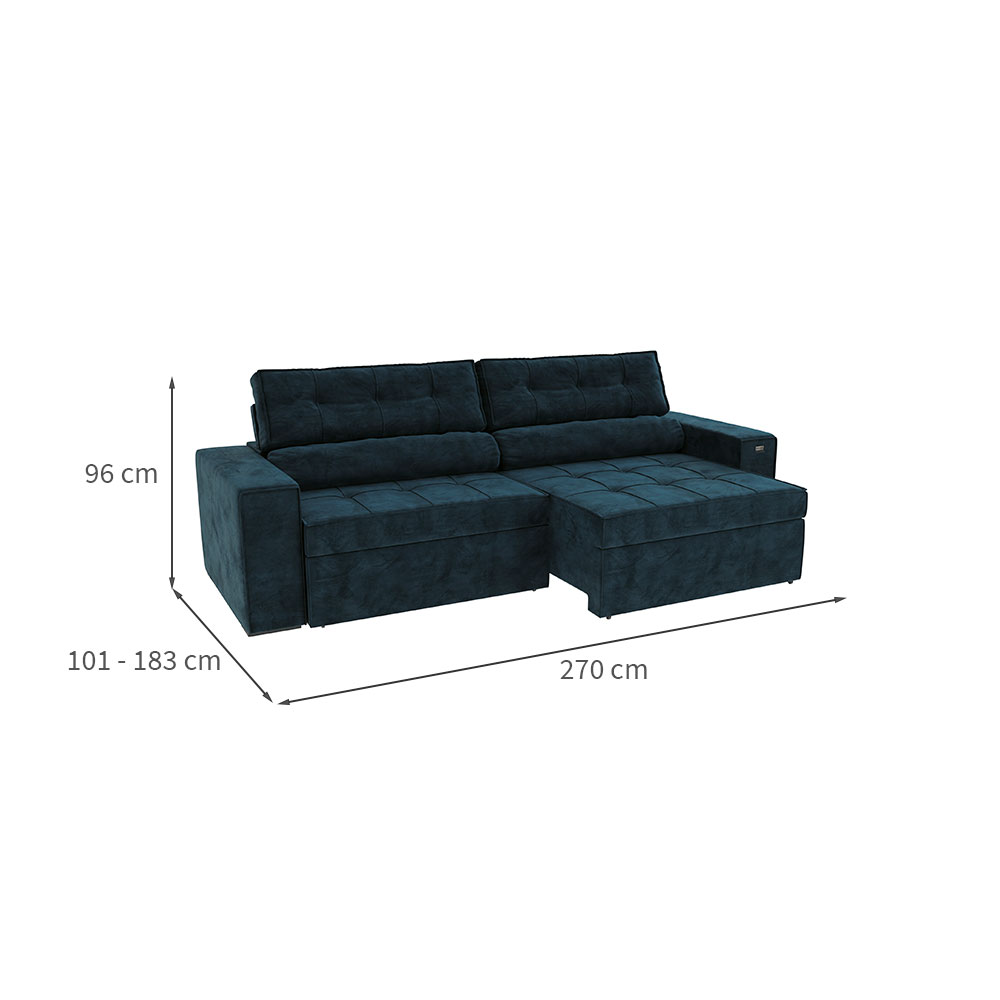 Sofá 4 Lugares Retrátil e Reclinável Lanus Veludo Azul Marinho 270 cm