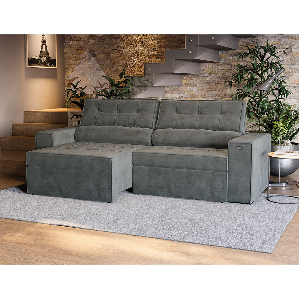 Sofá 4 Lugares Retrátil e Reclinável Lanus Veludo Chumbo 250 cm