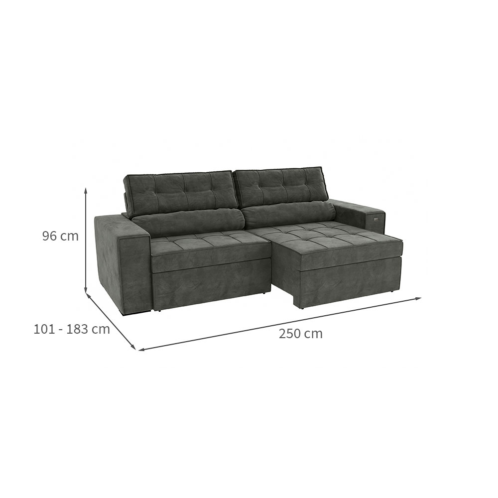 Sofá 4 Lugares Retrátil e Reclinável Lanus Veludo Chumbo 250 cm