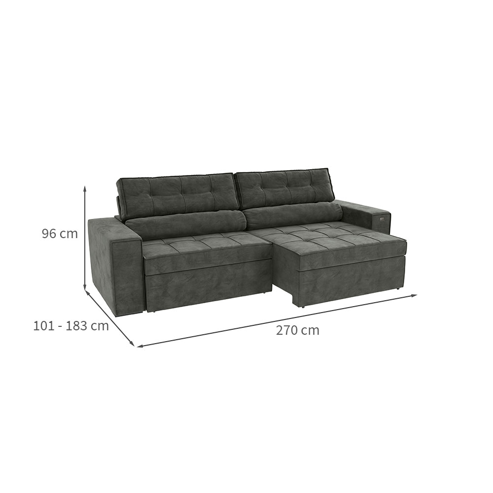 Sofá 4 Lugares Retrátil e Reclinável Lanus Veludo Chumbo 270 cm