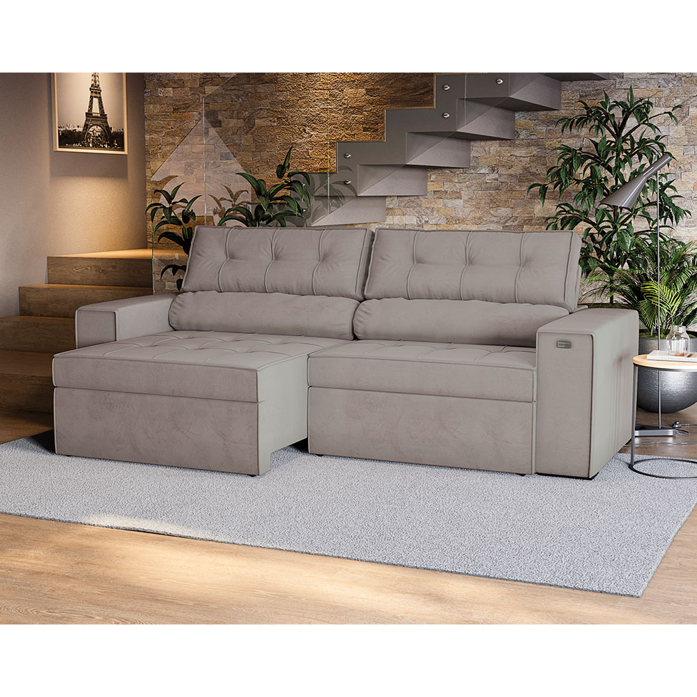 Sofá 4 Lugares Retrátil e Reclinável Lanus Veludo Cinza Claro 250 cm