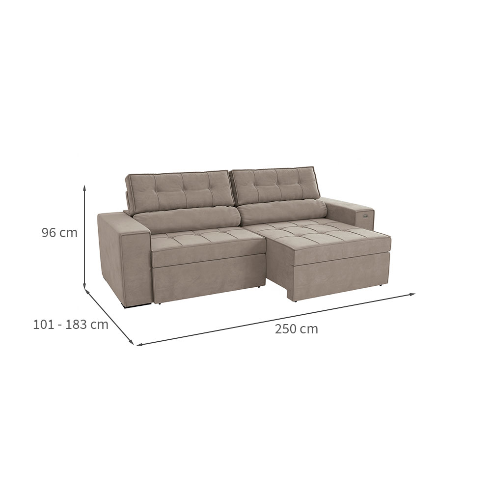 Sofá 4 Lugares Retrátil e Reclinável Lanus Veludo Cinza Claro 250 cm