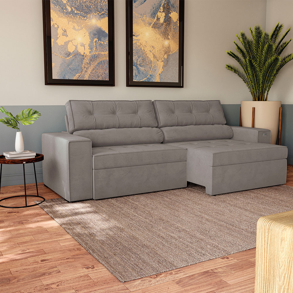 Sofá 4 Lugares Retrátil e Reclinável Lanus Veludo Cinza Claro 270 cm