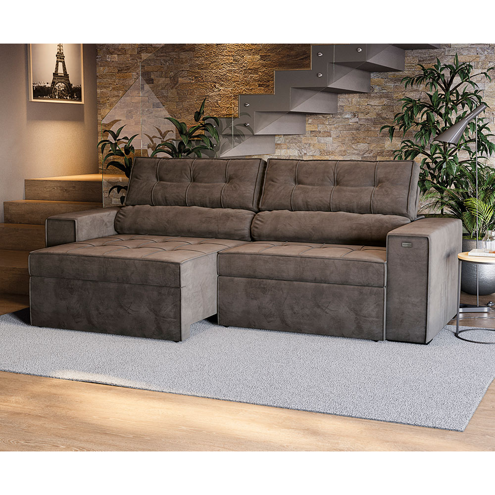 Sofá 4 Lugares Retrátil e Reclinável Lanus Veludo Marrom 250 cm