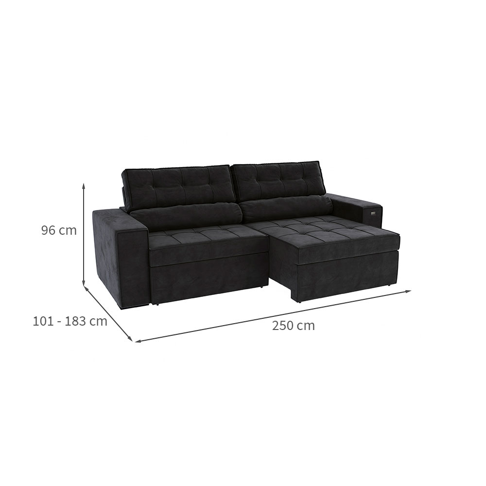 Sofá 4 Lugares Retrátil e Reclinável Lanus Veludo Preto 250 cm