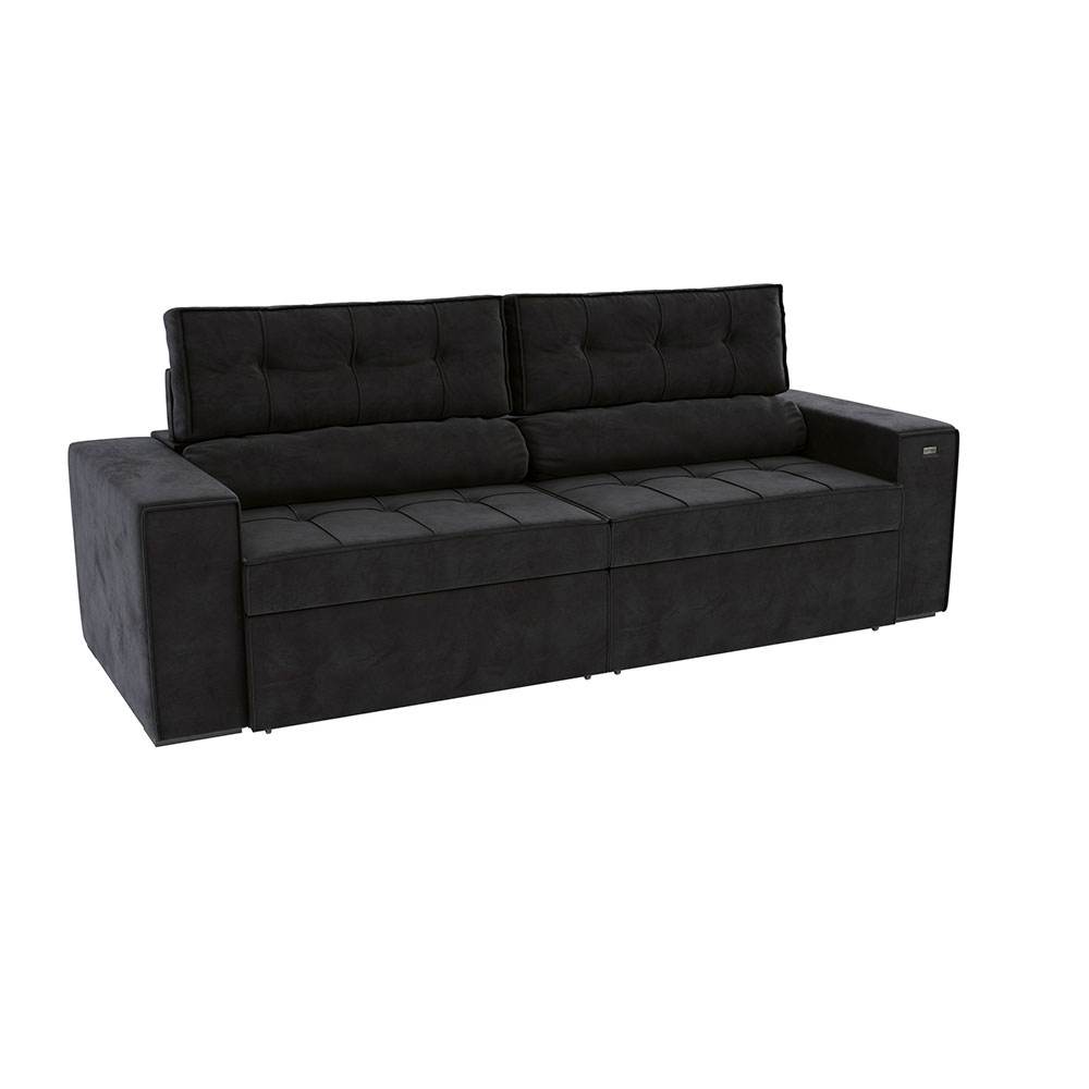 Sofá 4 Lugares Retrátil e Reclinável Lanus Veludo Preto 250 cm