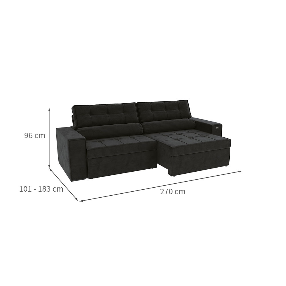 Sofá 4 Lugares Retrátil e Reclinável Lanus Veludo Preto 270 cm