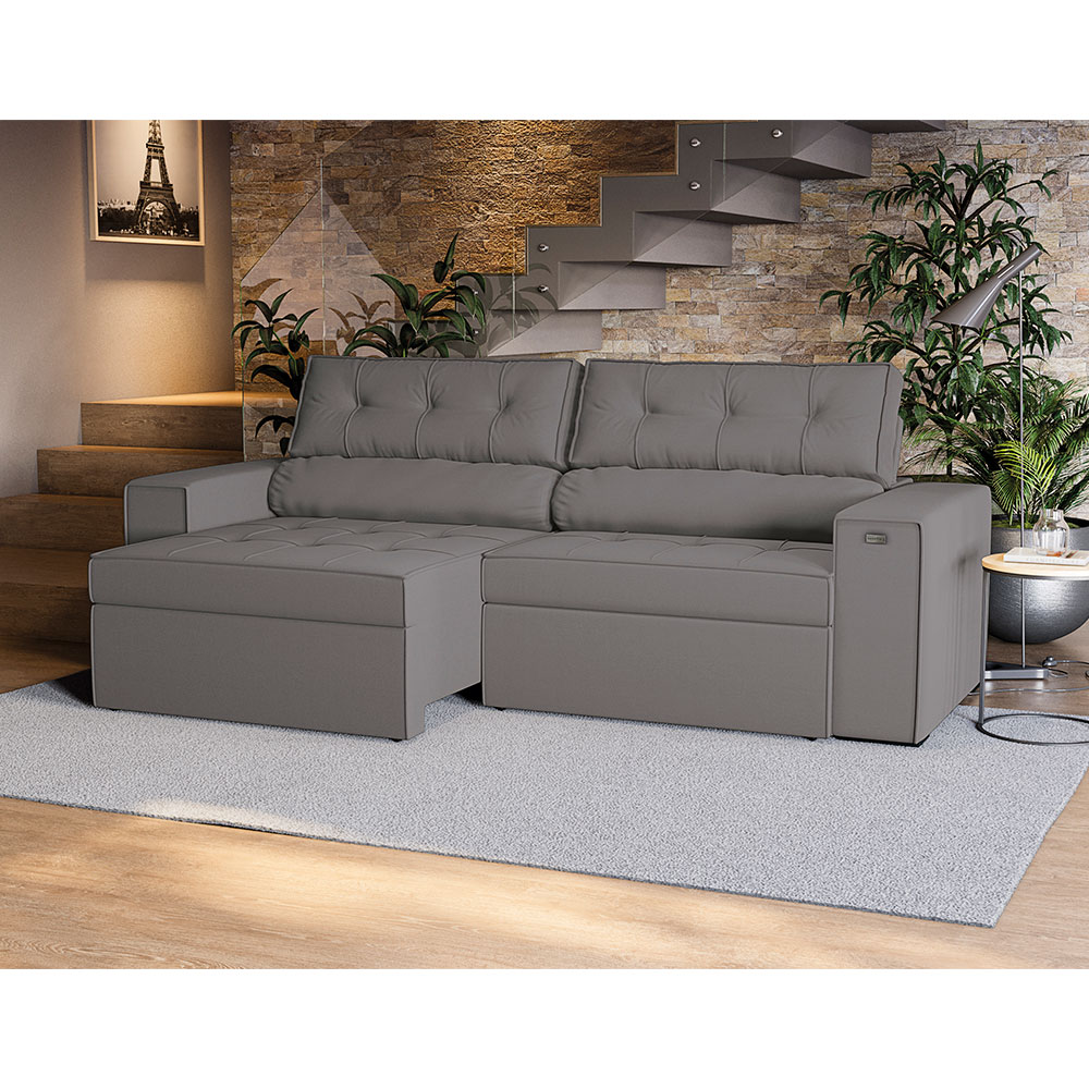 Sofá 4 Lugares Retrátil e Reclinável Lanus Veludo Titânio 250 cm