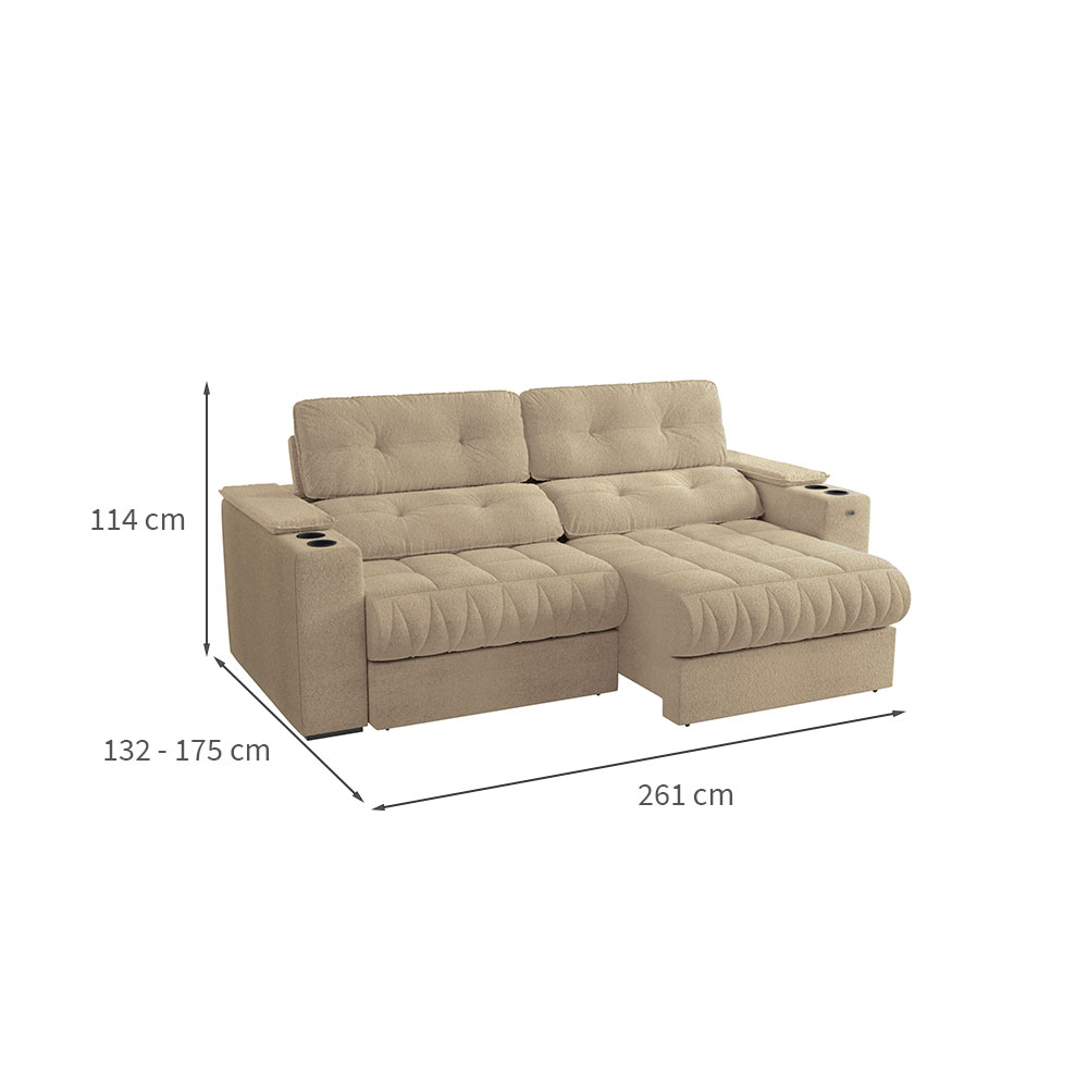 Sofá 4 Lugares Retrátil e Reclinável Premier Molas Bouclé Bege 261 cm