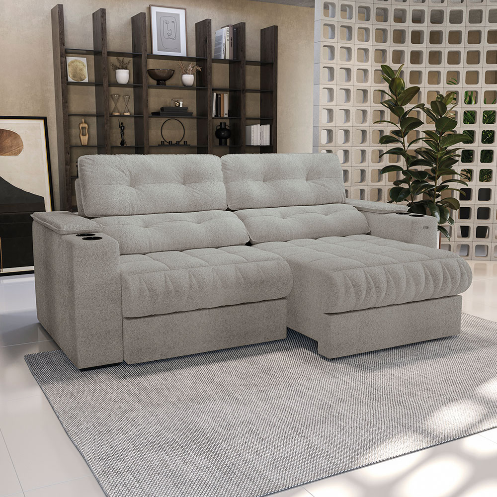 Sofá 4 Lugares Retrátil e Reclinável Premier Molas Bouclé Cinza 261 cm